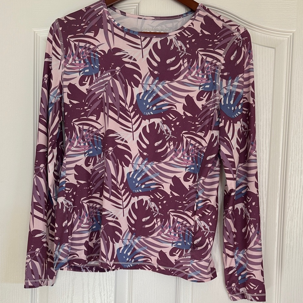 32 Degrees Purple and Blue Leaf Print Long Sleeve Tee